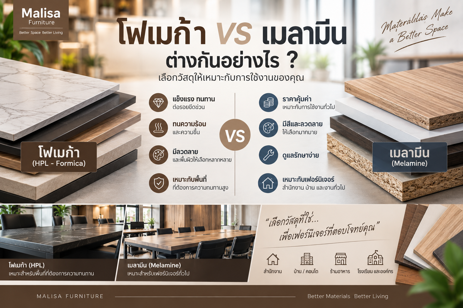 โฟเมก้า และ เมลามีน ต่างกันอย่างไร? เลือกแบบไหนดีสำหรับเฟอร์นิเจอร์